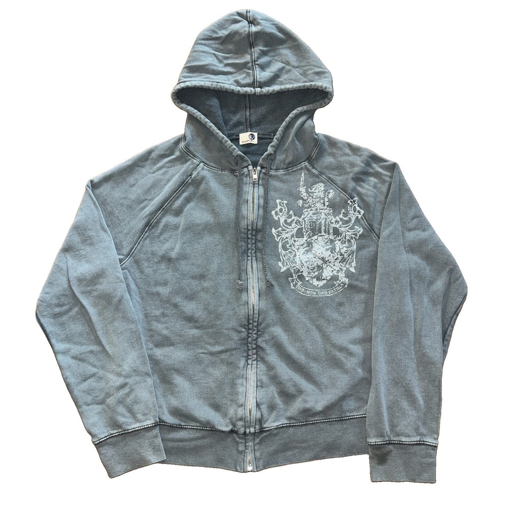 Vintage One World Y2K Zip Hoodie Jacket Studded Graphic Women's Size L Gray